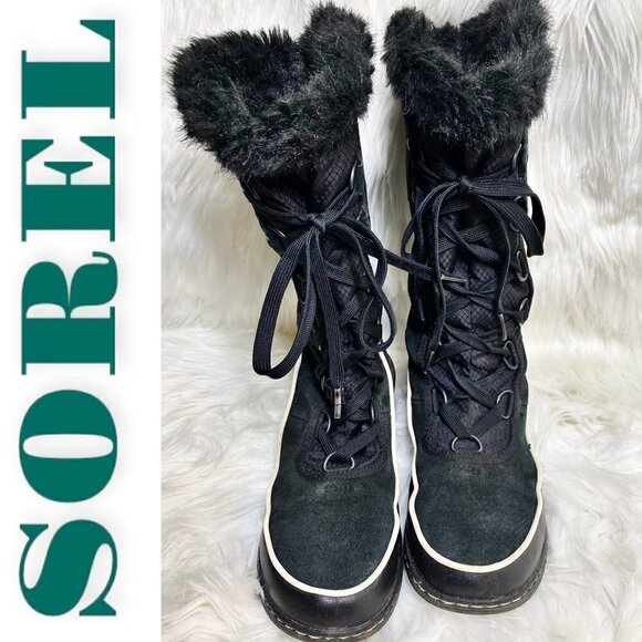 SOREL Tivoli III High Black Suede Faux Fur Trimmed Mid-Calf Boot, Size 7.5 - Picture 3 of 10